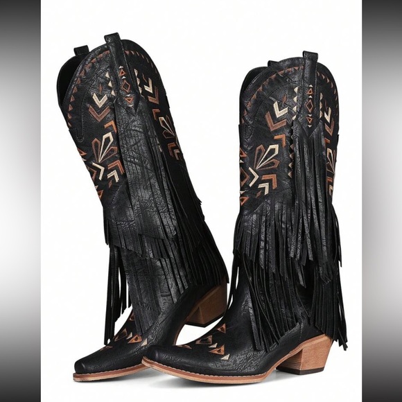 Cowgirl Western Boots Fringe Tassel Chunky High Heels Mid Calf Slip On - Picture 5 of 5